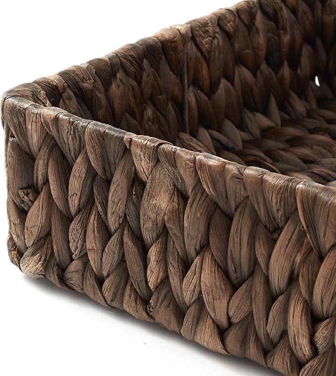 Casafield Set of 2 Bathroom Storage Baskets, Espresso - Water Hyacinth, 15.75" W x 11.25" D x 3.25" H, Woven Toilet Tank Topper Bins for Organizing Tissues, Toilet Paper, Toiletries, Shelves - ModernBath