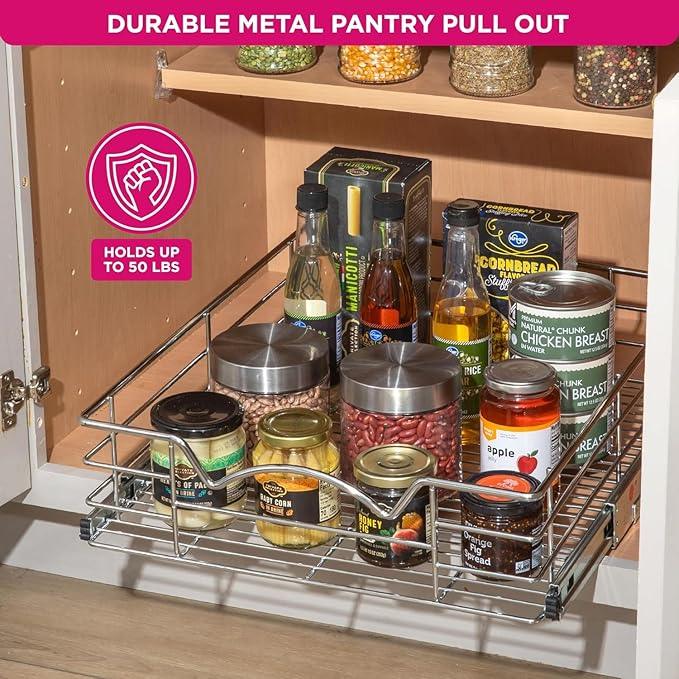 HOLDN’ STORAGE Heavy-Duty Premium Collection Pull Out Cabinet Organizer, Cabinet Drawer Slide Outs, Lifetime Limited Warranty - Basket Size 14" W x 21" D x 5" H, Anti-Rust Chrome Finish | Heavy-Duty, Premium Collection, Slide Out Caddy, Anti-Rust - ModernBath