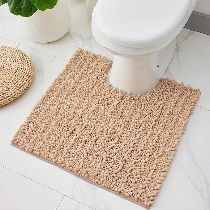 ILANGO Toilet Rugs U Shaped Beige 24x24 Bathroom Rugs,Extra Soft Absorbent Chenille Bath Rugs,Thick Non-Slip Shaggy Bath Mat,Machine Washable Quick Dry Bath Mats for Toilet Contour - ModernBath