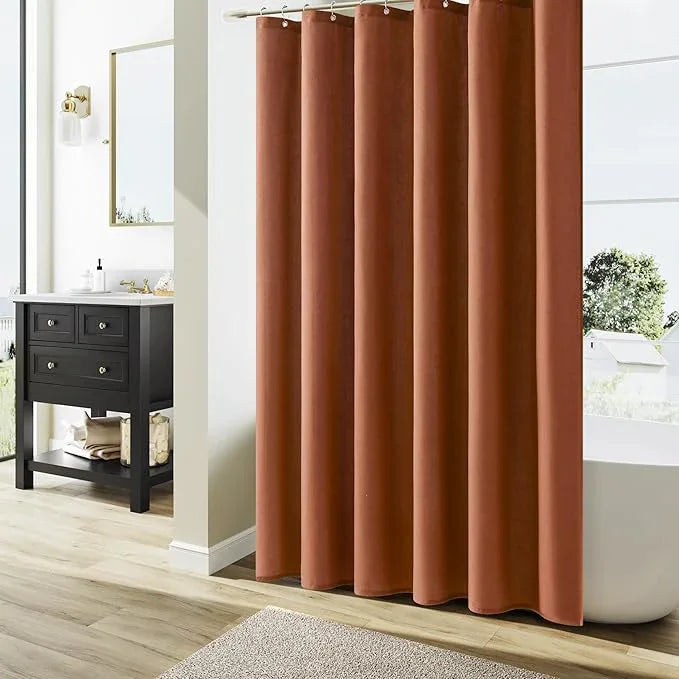 Terracotta Boho Linen Shower Curtain, Country Farmhouse Bath Decor Shower Curtains Neutral Cloth Weighted Textured Fabric Bath Curtain Liner with Hooks, 72x78 - ModernBath