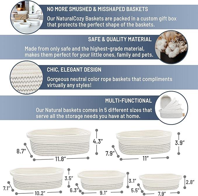 NaturalCozy 5-Piece Rectangle Storage Basket Set- Natural Cotton Rope Woven Baskets for Organizing! Small Basket for Montessori, Baby Nursery, Dog Toy Baskets, Cat Toy Box, Bathroom Organization Bin - ModernBath