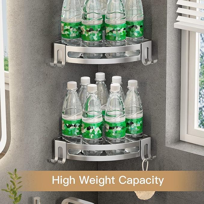 VOLPONE Corner Shower Shelves with Hooks Shower Storage Rack Rustproof Tub Organizer Drill Free (adhesive mounting, no suction cup) Shampoo Holder Wall Mount Corner Shower Caddy (3-Pack, Silver) - ModernBath