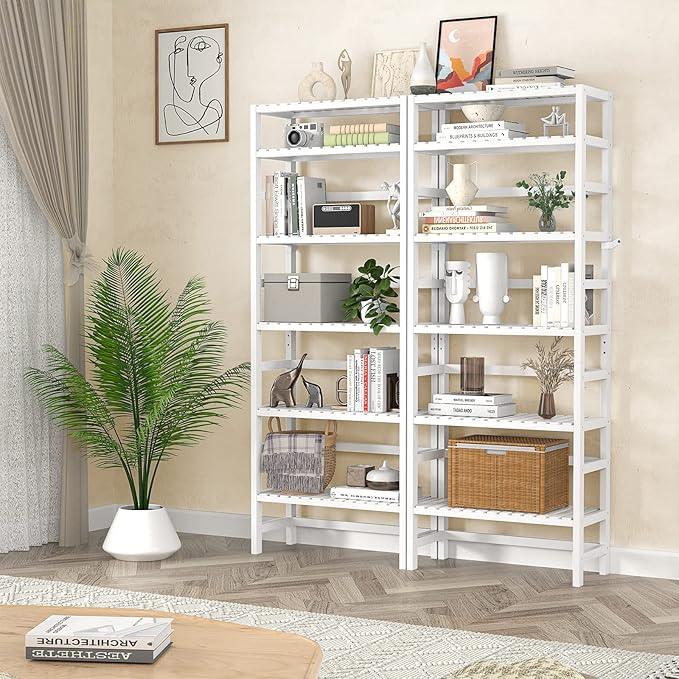 Homykic 6-Tier Bamboo Bookshelves and Bookcases, Adjustable 63.4”Tall Shallow Book Shelf Organizer Rack, Freestanding Storage Shelving Unit for Living Room, Kitchen, Bathroom, Office, White - ModernBath
