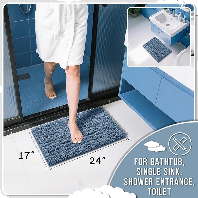 Yimobra Bathroom Rugs Non Slip Washable - Ultra Soft Absorbent Chenille Bath Mat, Quick Dry Shaggy Floor Carpet for Tub Shower, Denim Blue Home Decor Accessories, 24x17 Inch - ModernBath