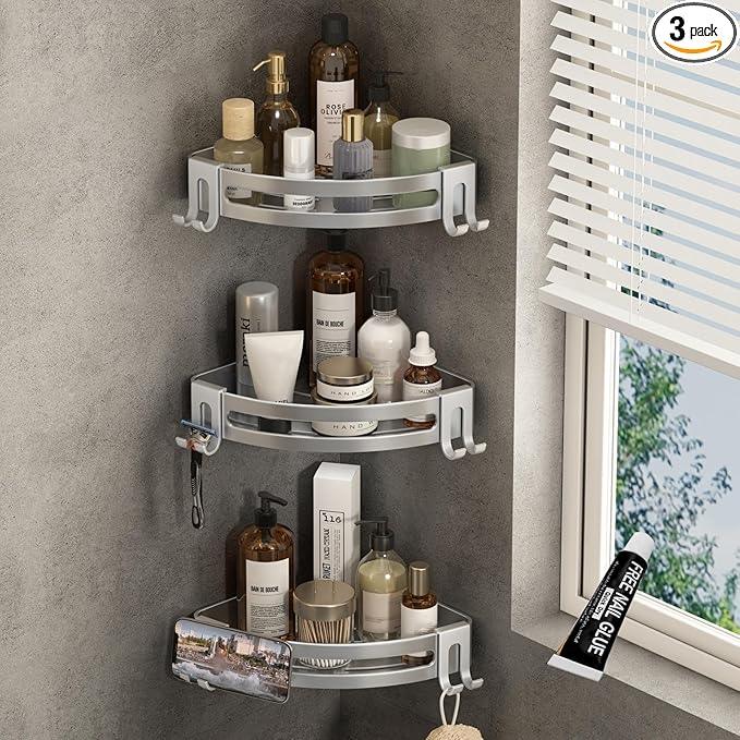 VOLPONE Corner Shower Shelves with Hooks Shower Storage Rack Rustproof Tub Organizer Drill Free (adhesive mounting, no suction cup) Shampoo Holder Wall Mount Corner Shower Caddy (3-Pack, Silver) - ModernBath