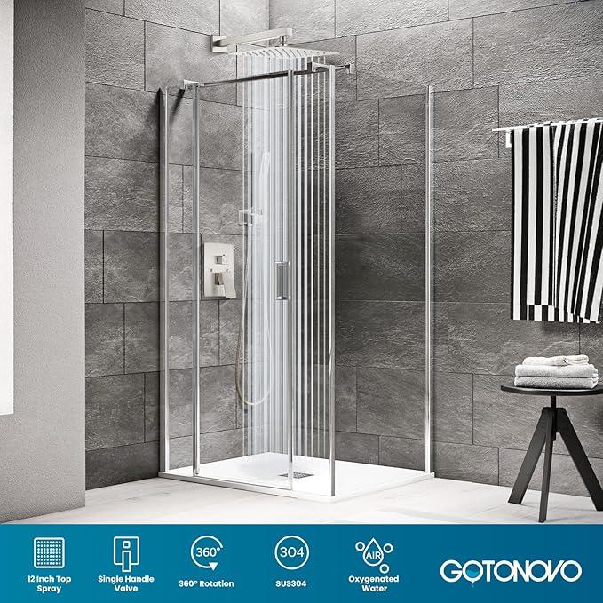 gotonovo Rainfall Bathroom Shower System Rain Shower Head and Handle Set Wall Mounted Shower Complete Combo Solid Brass Pressure Balancing Shower Mixer Valve 12 Inch Brushed Nickel - ModernBath