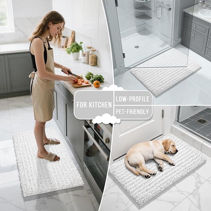 Yimobra Bathroom Runner Rug 60x24 Inch - Extra Long Non Slip Chenille Bath Mat, Soft & Absorbent, Machine Washable Shaggy Hallway Carpet for Vanity Tub Shower, White Home Decor Accessories - ModernBath