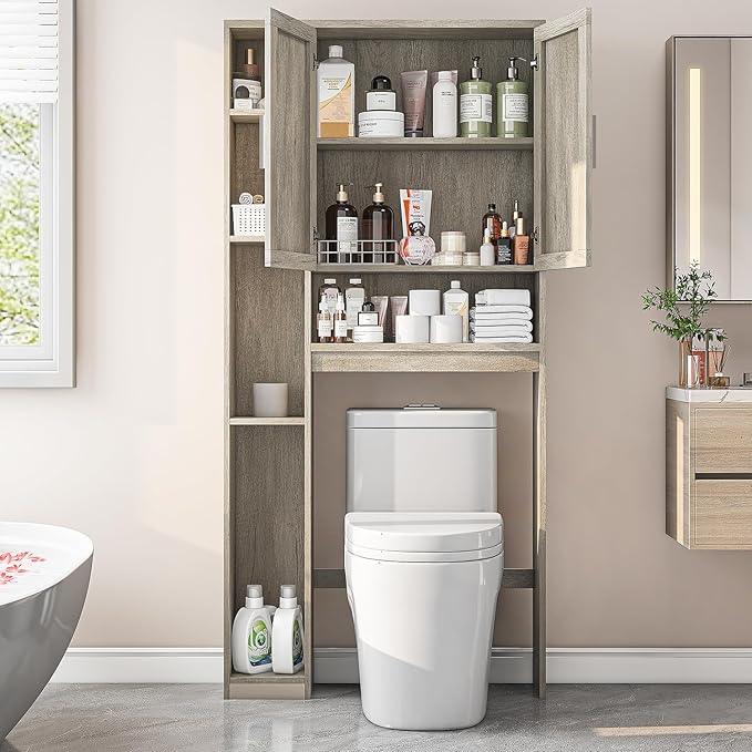 Over The Toilet Storage Cabinet with 7 Storage Shelves, Above Toilet Bathroom Organizer with Toilet Paper Holder Stand, Behind Toilet Cabinet, Space Saver for Restroom, Bathroom, Laundry, Grey - ModernBath