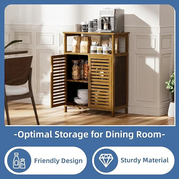 HITNET Walnut Bathroom Floor Cabinet, Bamboo Side Tall Storage Organizer, Freestanding Kitchen Cupboard with Door and Shelf - ModernBath