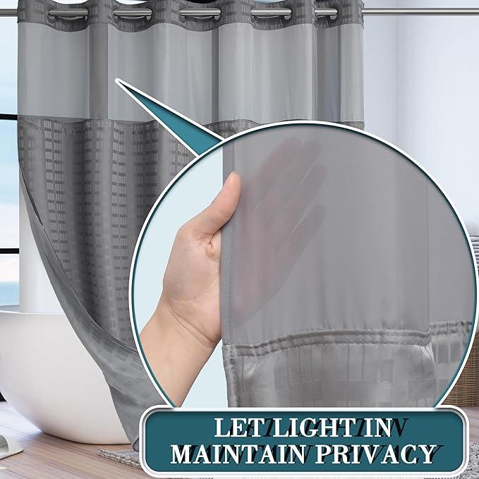 Conbo Mio Extra Wide No Hook Shower Curtain with Snap in Liner Set, 108" x 74" Hotel Luxury Grey Shower Curtains for Bathroom with See Through Top Window, Waterproof, Washable 108W x 74H - ModernBath