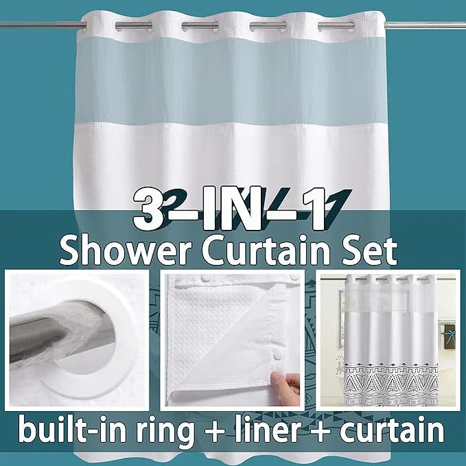 Conbo Mio Extra Long No Hook Waffle Weave Shower Curtain with Snap in Liner Set, Hotel Luxury Boho Shower Curtains for Bathroom with See Through Top Window, Waterproof, Washable 71W x 84H White - ModernBath