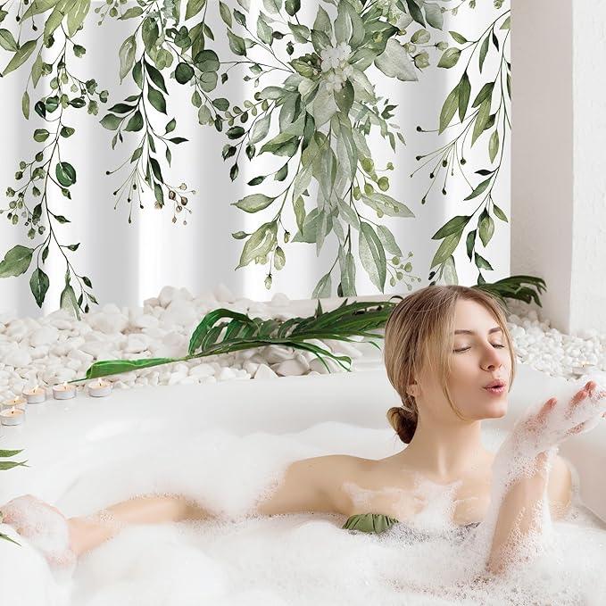 Gibelle Long Shower Curtain 72 x 78, Tall Olive Green Floral Shower Curtain for Bathroom, Watercolor Plant Eucalyptus Leaves Fabric Shower Curtain Set - ModernBath