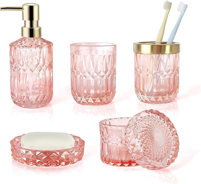 LaMarriti 5pcs Clear Glass Bathroom Accessories Set, Crystal Pink Bathroom Decor Set, Soap Dispenser, Toothbrush Holder Set, Soap Dish, Tumbler, Qtips Holder, Modern Decor for Bathroom, Gift Set - ModernBath