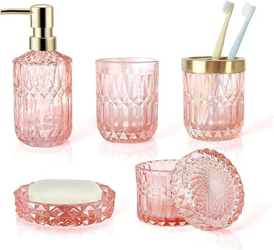 LaMarriti 5pcs Clear Glass Bathroom Accessories Set, Crystal Pink Bathroom Decor Set, Soap Dispenser, Toothbrush Holder Set, Soap Dish, Tumbler, Qtips Holder, Modern Decor for Bathroom, Gift Set - ModernBath