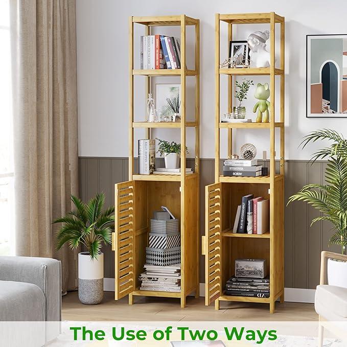 VIAGDO Storage Tall Slim Cabinet with Shutter Door and 3 Tier Shelves, Freestanding Linen Tower Cabinet for Living Room, Kitchen, Bathroom Organizer, Natural Bamboo - ModernBath