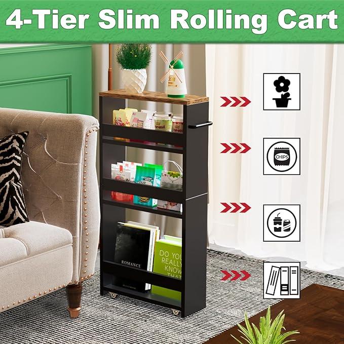 MARTY Rolling Storage Cart 4-Tier Black Kitchen Cart with Wheels, Slim Storage Cart with Handle Slide Out Utility Cart Shelving Unit Organizer Trolley for Laundry Narrow Places Bathroom Small Corner - ModernBath