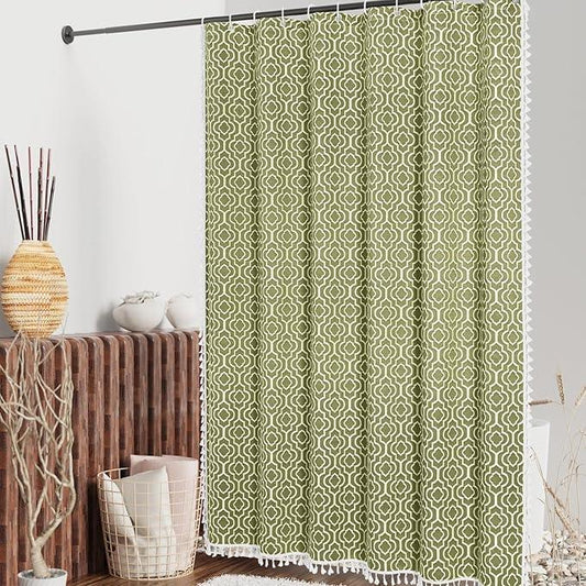 MitoVilla Green Boho Farmhouse Small Stall Shower Curtain Set 36 x 72, Half Size Narrow Geometric Cotton Fabric Shower Curtains for Bohemia Rustic Bathroom Decor - ModernBath