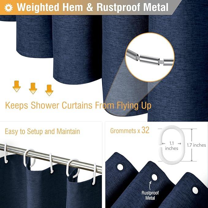 BTTN Extra Long Fabric Shower Curtain - 180x72 Inch Linen Textured Heavy Duty Tall Cloth Shower Curtain Set with 32 Plastic Hooks, Large Hotel Luxury Polyester Shower Curtains for Bathroom, Navy Blue - ModernBath