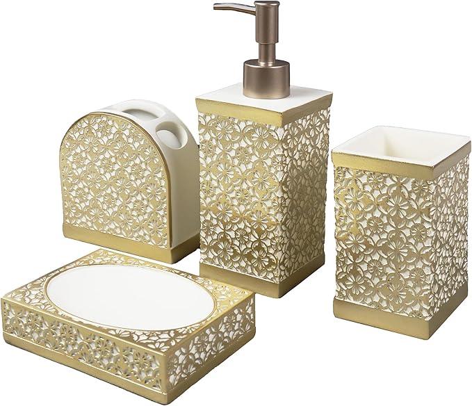 Hymmah Gold Bathroom Accessories Set,Farmhouse Bathroom Decor,4 Pcs Resin Gift Set Apartment Necessities, Contain Cotton Swab Jar,Soap Dispenser,Tumbler，Soap Dish/Tray - ModernBath