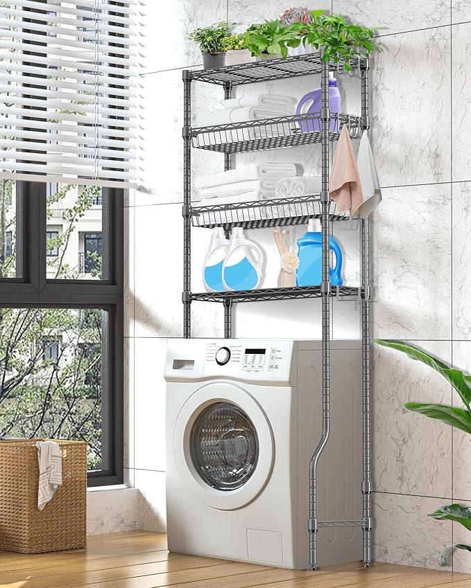 Over The Toilet Storage, 4-Tier Over Toilet Shelf Organizer Metal Storage Rack Freestanding Bathroom Space Saver with Adjustable Shelves and Baskets, Gray - ModernBath