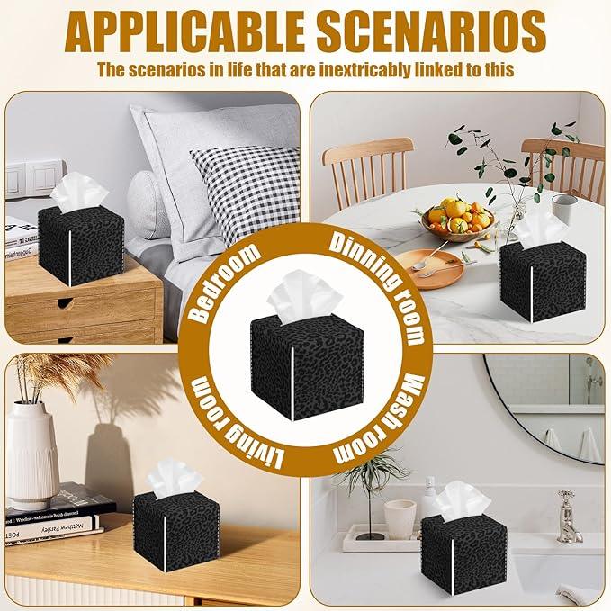Black Leopard Tissue Box Cover 2PCS, Leather Tissue Box Holder Square Facial Paper Case Tissue Box Cube Organizer for Bathroom Bedroom Desk Office - ModernBath