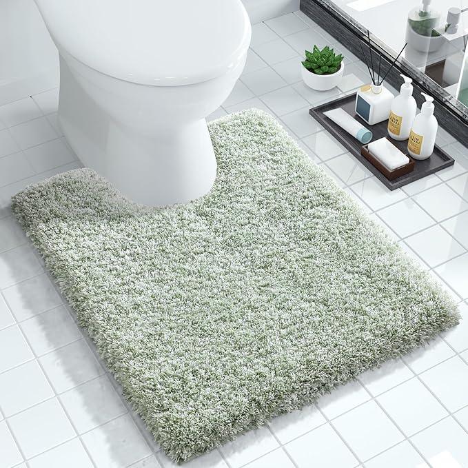 Yimobra Toilet Rugs U Shaped Washable 24x20, Ultra Soft and Water Absorbent Bath Mats, Non Slip Fluffy Shaggy Luxury Microfiber Contour Bath Rugs for Toilet, Dry Quick, Light Green and White - ModernBath