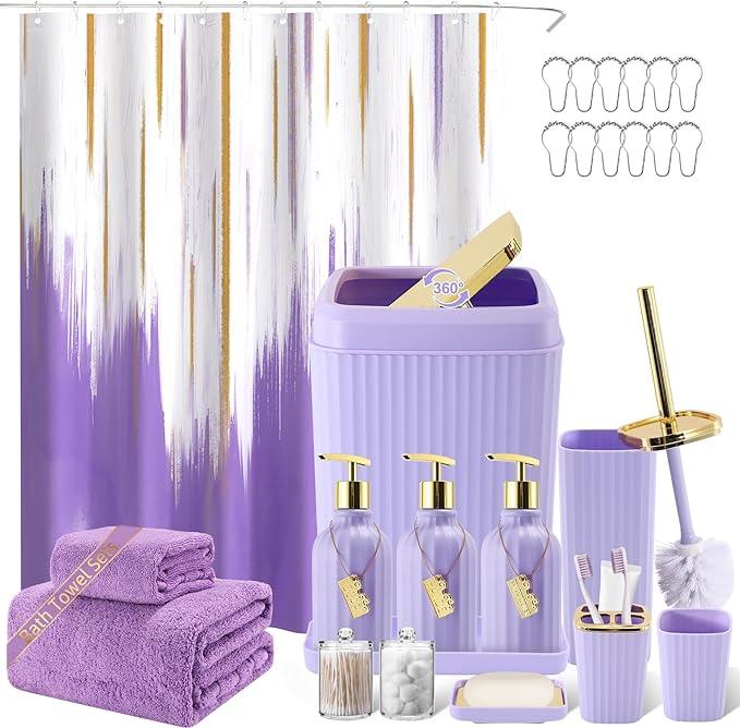 WSBArt 20PC Bathroom Accessory Set Bathroom Accessories Set Purple Bathroom Set, Shower Curtain Set, 2 Piece Bath Towel Set, 3PC Soap Dispenser, Toilet Brush & Trash Can - ModernBath