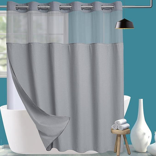 Conbo Mio Extra Wide No Hook Waffle Weave Shower Curtain with Snap in Liner Set, 108" x 74" Hotel Luxury Grey Shower Curtains for Bathroom with See Through Top Window, Waterproof, Washable 108W x 74H - ModernBath