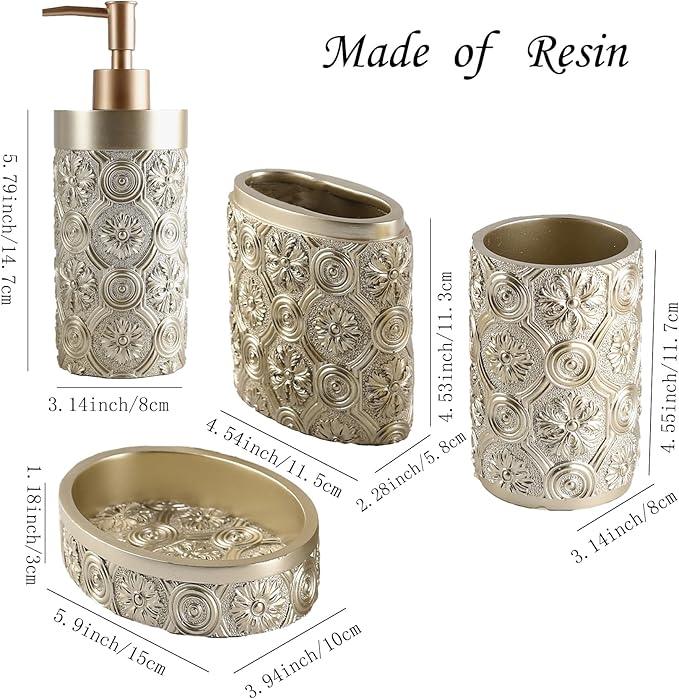 Hymmah Bathroom Accessories Set,Golden Design Toothbrush Holder,Farmhouse Bathroom Decor,4 Pcs Resin Gift Set Apartment Necessities, Contain Toothbrush Cup,Soap Dispenser,Soap Dish,Tumbler - ModernBath