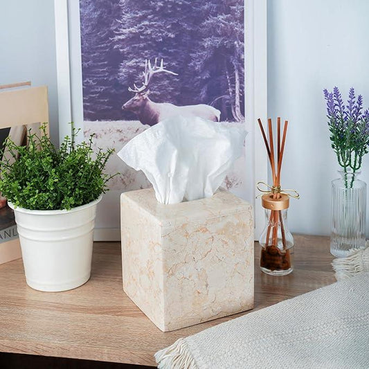 Creative Home Luxury Natural Champagne Marble Tissue Box Cover Heavy-Duty Square Facial Tissue Holder, Hand-Carved for Bathroom Bedroom Living Room, Elegant Durable, Beige, 5.4 x 5.4 x 5.6 H Inch - ModernBath
