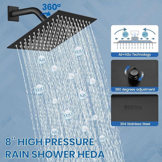 Airuida Shower Faucet Set Bathroom Rain Shower System SUS304 Stainless Steel Single Handle With Male Threads Rough-in Valve Shower Trim Kit 8 Inch Wall Mount Shower Head Matte Black - ModernBath