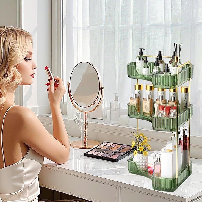 GTI 3-Tier Corner Bathroom Counter Organizer, Large Capacity Makeup Organizer Countertop, Perfume Cosmetics Skincare Vanity Organizers, Exquisite Countertop Storage for Women (Green) - ModernBath