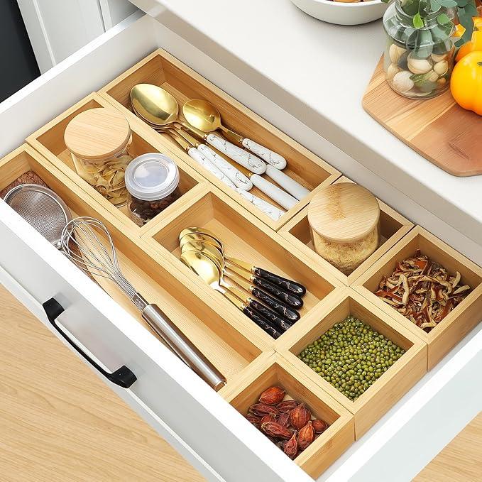 Bamboo Drawer Organizer Set, 9 PCS Multi-Use Individual Wood Storage Organizers, Junk Drawer Divider and Storage Trays Containers for Kitchen, Bathroom, Office Desk, Makeup, Jewelry, Utensils - ModernBath