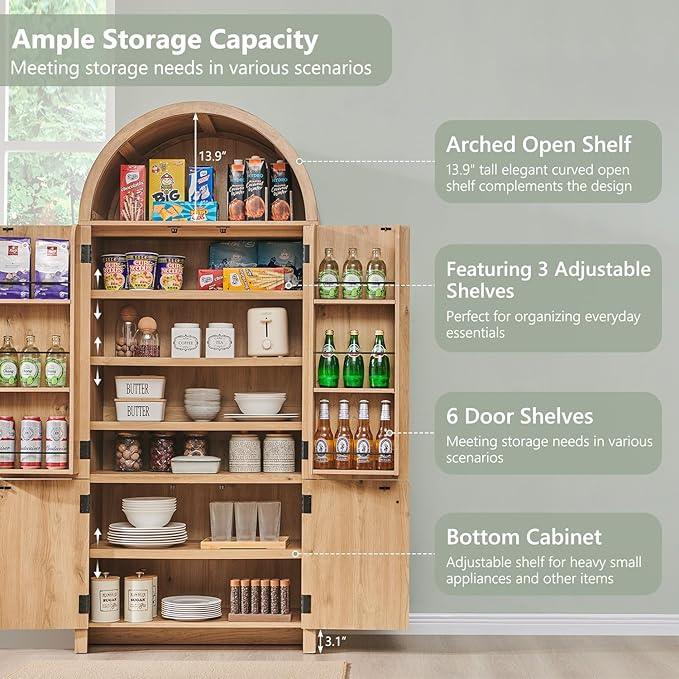 71" Tall Arched Bathroom Storage Cabinet, Modern Fluted Storage Cabinet w/Doors, 3 Adjustable Shelves, 6 Door Shelves, Wood Freestanding Cabinet for Bathroom, Entryway, Hallway, Natural - ModernBath