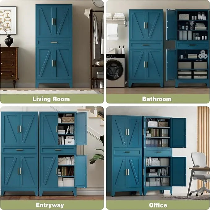 COFaR Farmhouse Storage Kitchen Pantry Cabinet with 4 Barn Door, 4 Adjustable Shelves, Drawer and Legs, for Cupboard/Dining Room/Bathroom/Living Room/Office/Laundry Room(Blue Green, 71" Metal Cabinet) - ModernBath