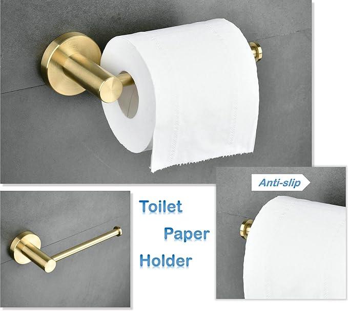 SHUNLI 5 Pieces Bathroom Accessories Hardware Set (Adjustable Towel Bar 16 to 26 Inch, Toilet Paper Holder, Towel Ring, 2PCS Hook) Brushed Gold Wall Mounted Bath Fixtures Set, SUS304 Stainless Steel - ModernBath
