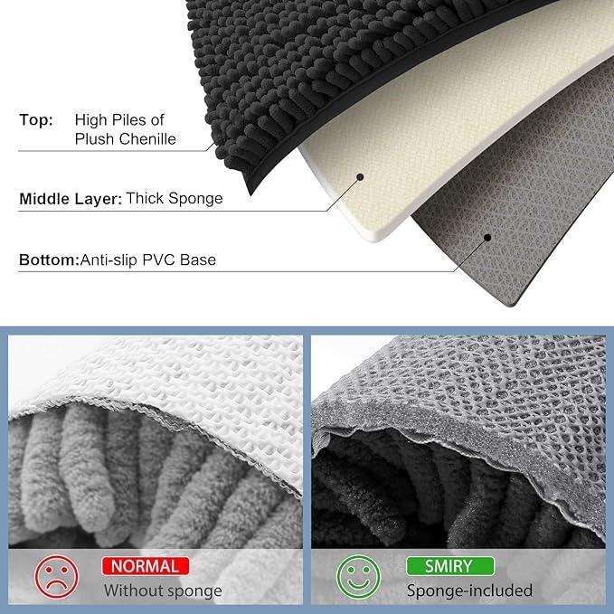 Smiry Luxury Chenille Bathroom Rugs 59x20, Extra Soft and Absorbent Shaggy Bath Mat, Machine Washable, Non-Slip Plush Carpet Runner for Tub, Shower, and Floor, Home Decor Accessories, Black - ModernBath