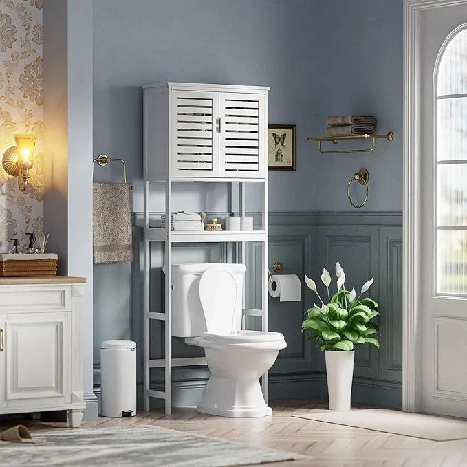 SMIBUY Bathroom Over The Toilet Storage Cabinet, 2 Door Bamboo Cabinet Organizer, Freestanding Space Saver Toilet Rack with Adjustable Inside Shelf and Open Shelf (White) - ModernBath