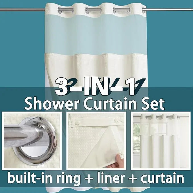 Conbo Mio Stall No Hook Waffle Weave Shower Curtain with Snap in Liner Set, Hotel Luxury Beige Shower Curtains for Bathroom with See Through Top Window, Waterproof, Washable 54W x 74H - ModernBath