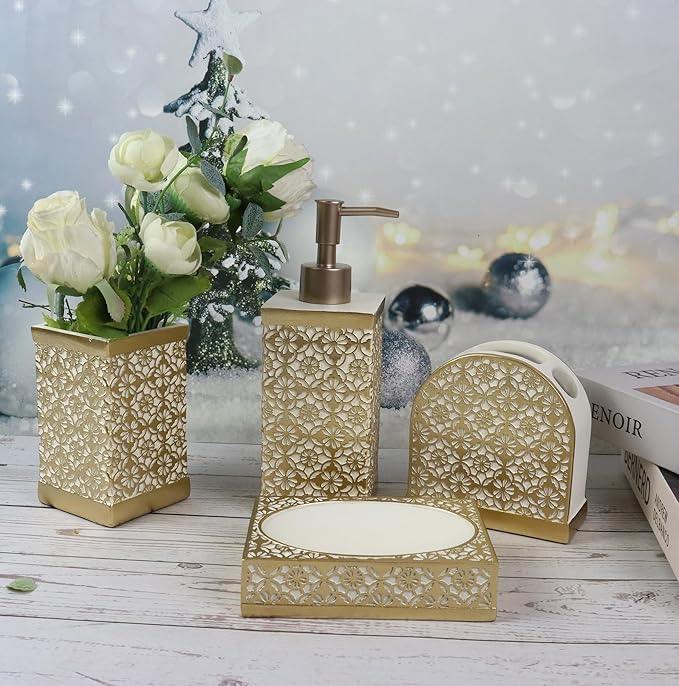 Hymmah Gold Bathroom Accessories Set,Farmhouse Bathroom Decor,4 Pcs Resin Gift Set Apartment Necessities, Contain Cotton Swab Jar,Soap Dispenser,Tumbler，Soap Dish/Tray - ModernBath