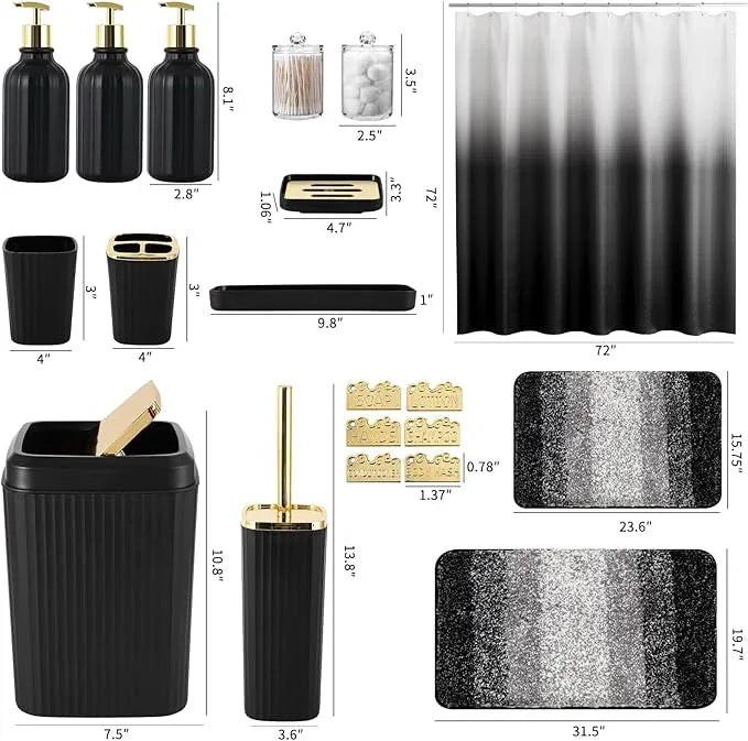 WSBArt 32PCS Bathroom Set Bathroom Sets with Shower Curtain and Rugs Black Bathroom Accessories,Shower Curtain Set,Bathroom Rug Set with Bathroom Trash Can - ModernBath