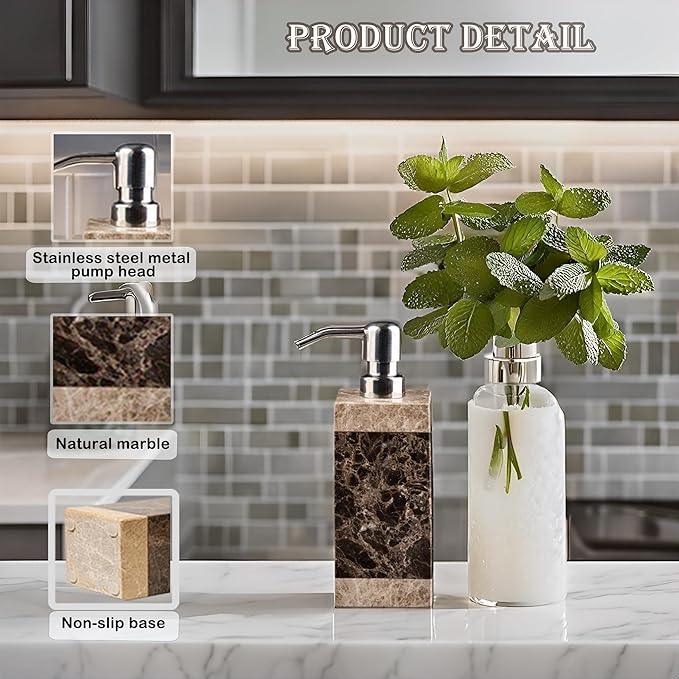 Hand Liquid&Lotion Soap Dispenser Pump Bottle Natural Marble for Kitchen Bathroom Countertop Laundry Room Holds Dish Soap Shampoo Laundry Liquid Shower Gel(Coffee Colour) - ModernBath
