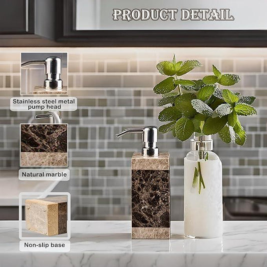 Hand Liquid&Lotion Soap Dispenser Pump Bottle Natural Marble for Kitchen Bathroom Countertop Laundry Room Holds Dish Soap Shampoo Laundry Liquid Shower Gel(Coffee Colour) - ModernBath