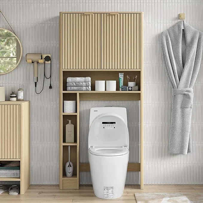 Furnideco 31''W Over Toilet Storage Cabinet Modern Above Toilet Shelf Cabinet with Fluted Doors & Toilet Paper Storage Holder for Bathroom, Natural Oak - ModernBath