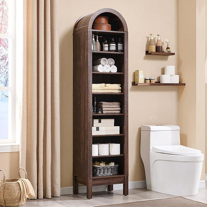 71" Tall Arched Bathroom Storage Cabinet, 8-Tier Modern Farmhouse Storage Cabinet with Adjustable Shelves, Wood Freestanding Cabinet for Bathroom, Living Room, Entryway, Hallway (Brown) - ModernBath
