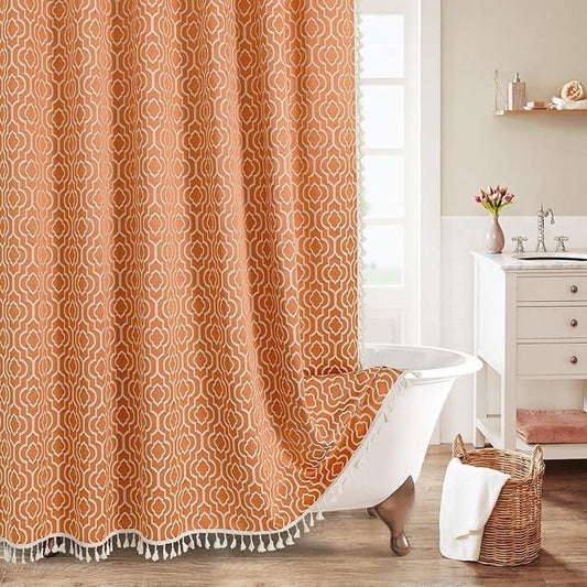 MitoVilla Orange Boho Extra Long Shower Curtain 72 x 84, Modern Farmhouse 84 inch XL Cotton Fabric Shower Curtain Set with Hooks for Bohemia Country Bathroom Decor - ModernBath