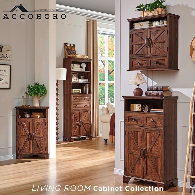 ACCOHOHO Bathroom Wall Cabinet, Farmhouse Medicine Cabinet, 24" Wide Cabinet with Drawer, Adjustable Shelf, Double Barn Doors, Storage Cabinet for Bathroom, Kitchen, Living Room, Brown - ModernBath