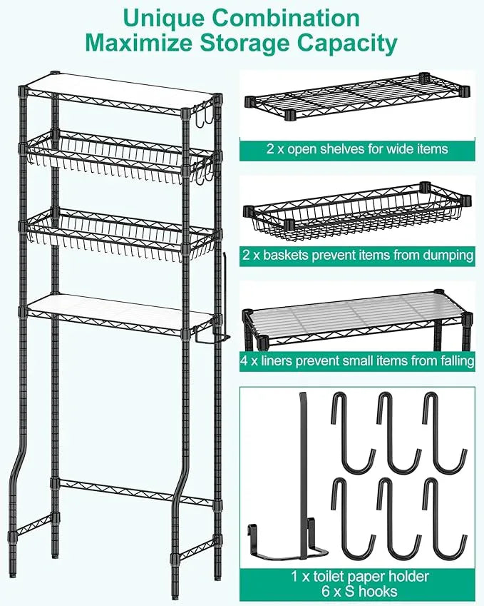 Bathroom Organizer Over The Toilet Storage, 4-Tier Metal Bathroom Over Toilet Storage Shelf Rack Freestanding Space Saver with Adjustable Shelves and Baskets, Black - ModernBath
