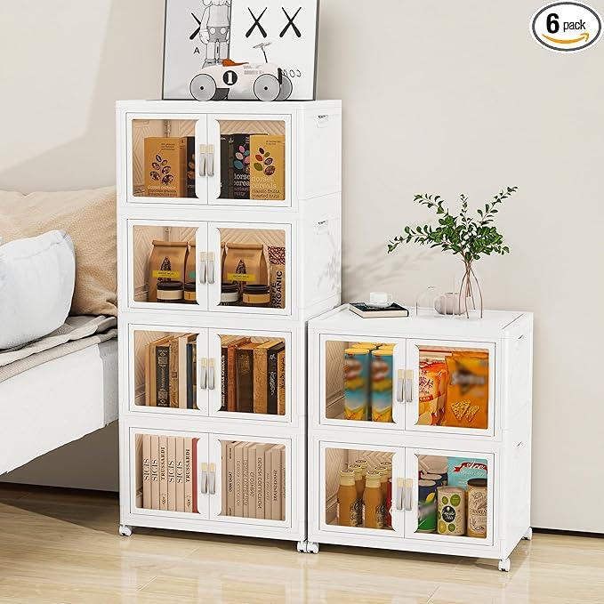 Large Clear Stackable Storage Bins with 2 Lids, 270QT-45QT*6Tier Foldable Cabinet for Closet Organizers, Plastic Storage Box with Wheels White - ModernBath