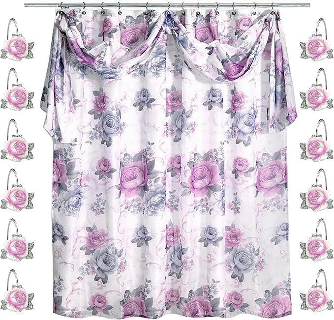 Zahari Home 13pc Michelle Bathroom Shower Curtain Sets Shower Curtain & 12 Shower Bathroom Hooks Modern Classic Luxury Contemporary Decor Floral Shower Curtain Stylish Bath Sets - ModernBath